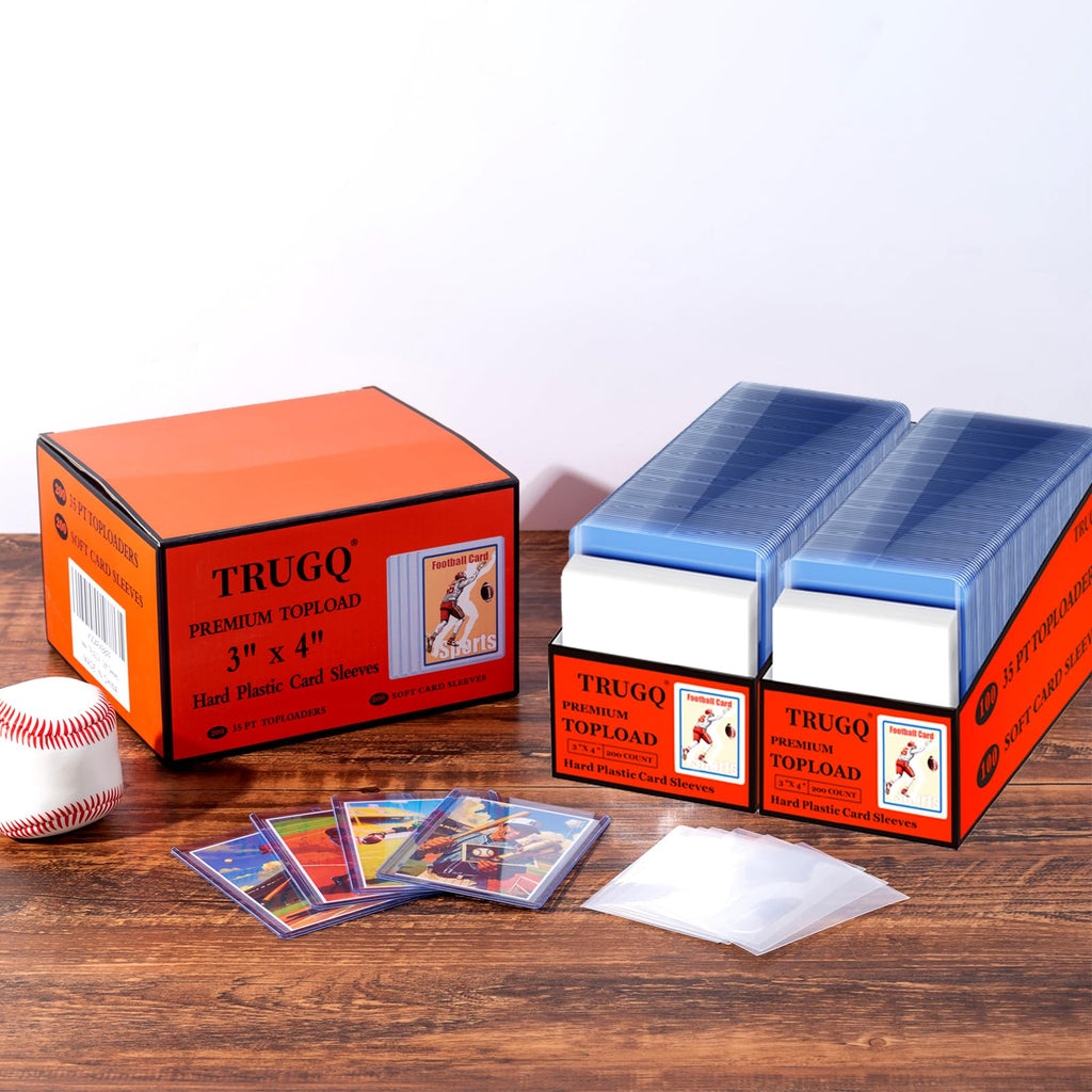 TRUGQ 200-Pack Card Protectors: 100 Rigid Toploaders & 100 Soft Sleeves, 3x4 Inch Clear Plastic for Sports & Game Cards