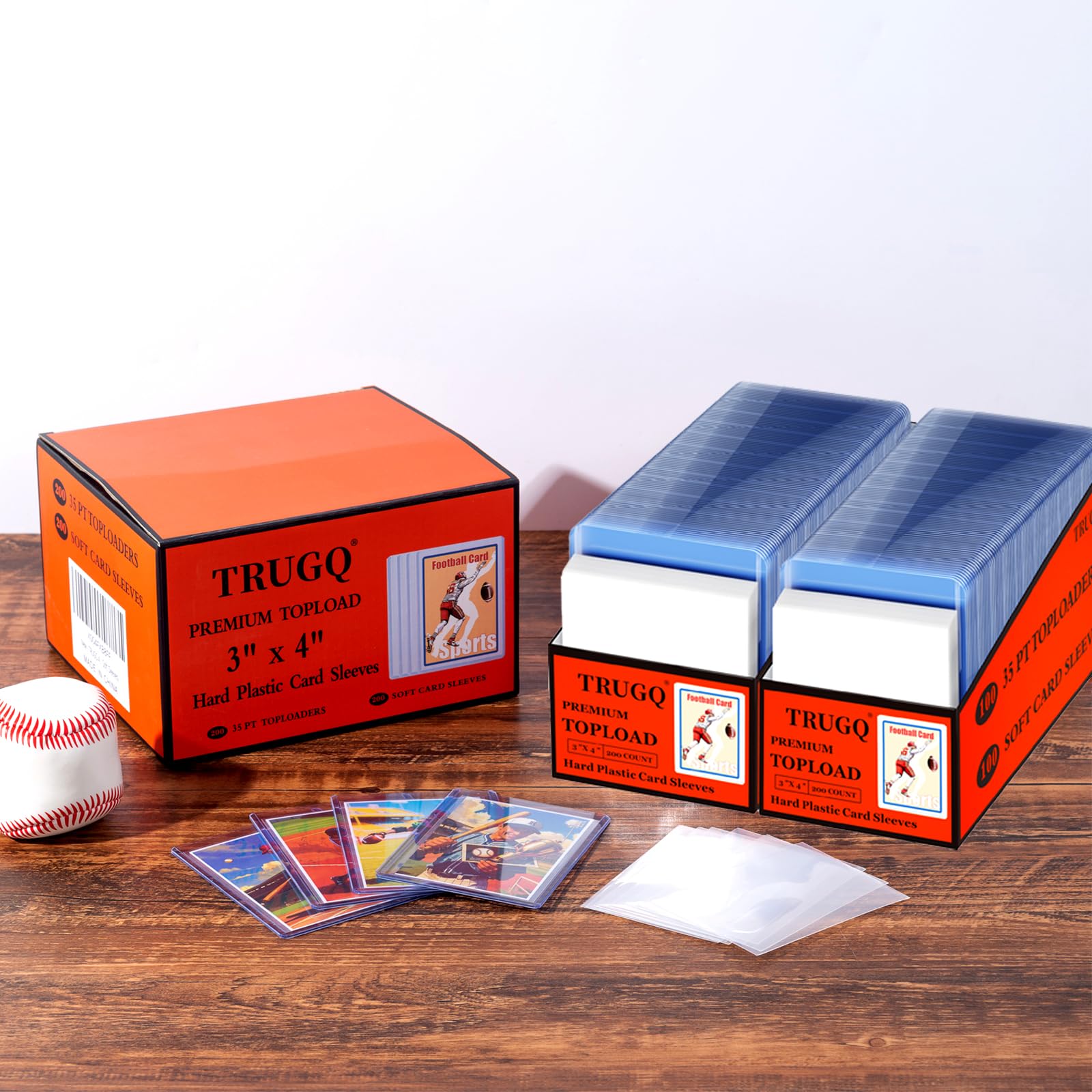 TRUGQ 200-Pack Card Protectors: 100 Rigid Toploaders & 100 Soft Sleeves, 3x4 Inch Clear Plastic for Sports & Game Cards