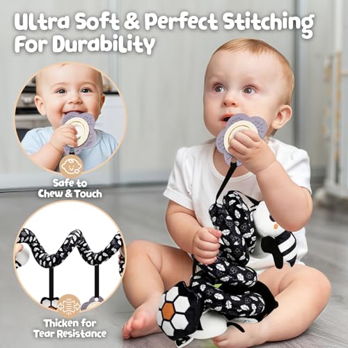 TSYAN Black and White Bear Spiral Car Seat Toy for Newborns 0-6 Months with Bell and Squeaker