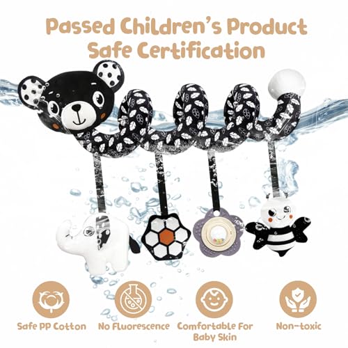 TSYAN Black and White Bear Spiral Car Seat Toy for Newborns 0-6 Months with Bell and Squeaker