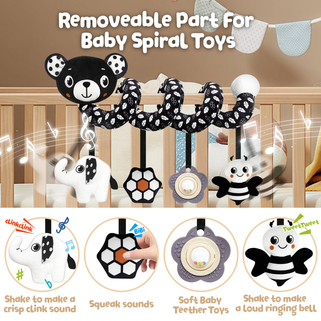 TSYAN Black and White Bear Spiral Car Seat Toy for Newborns 0-6 Months with Bell and Squeaker