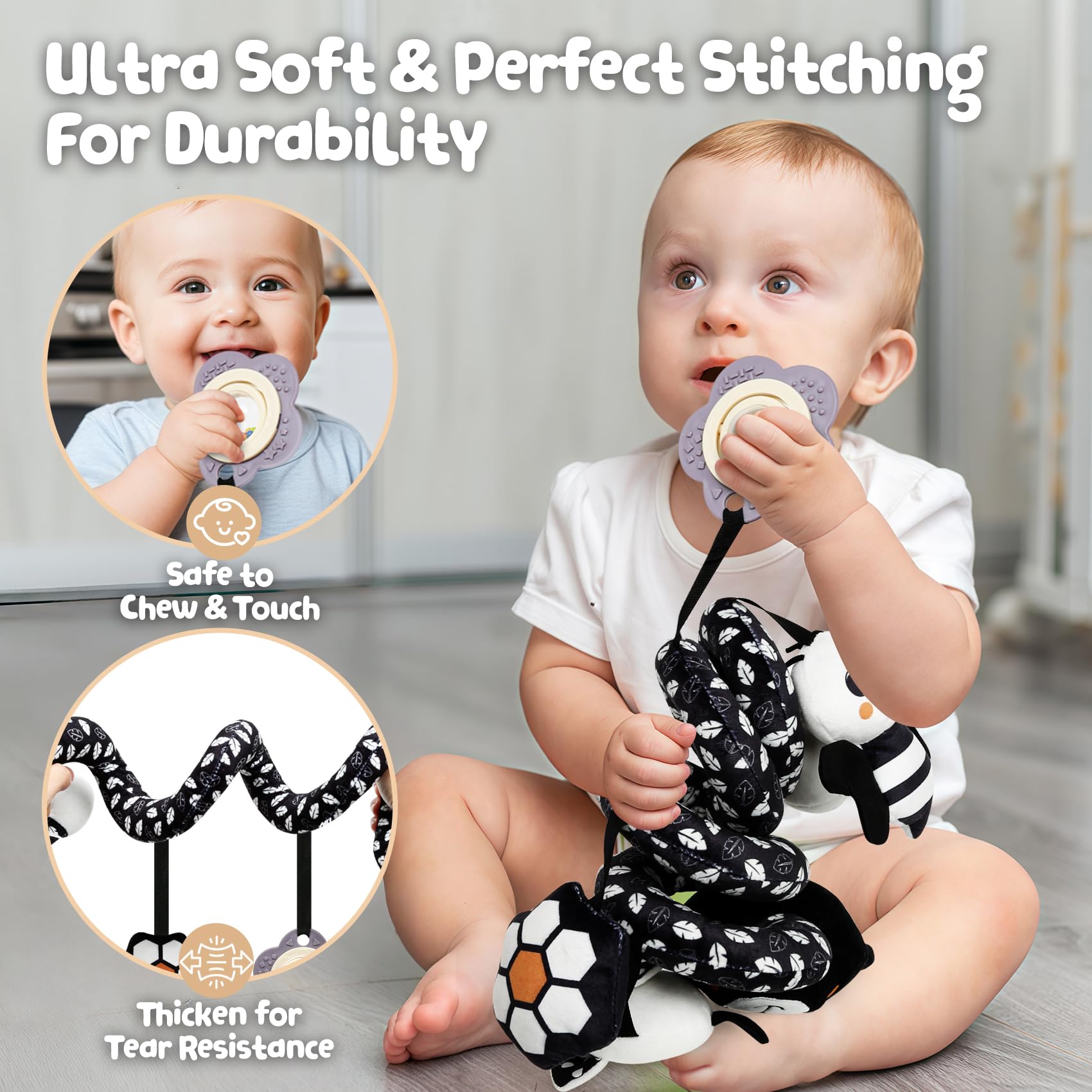 TSYAN Black and White Bear Spiral Car Seat Toy for Newborns 0-6 Months with Bell and Squeaker