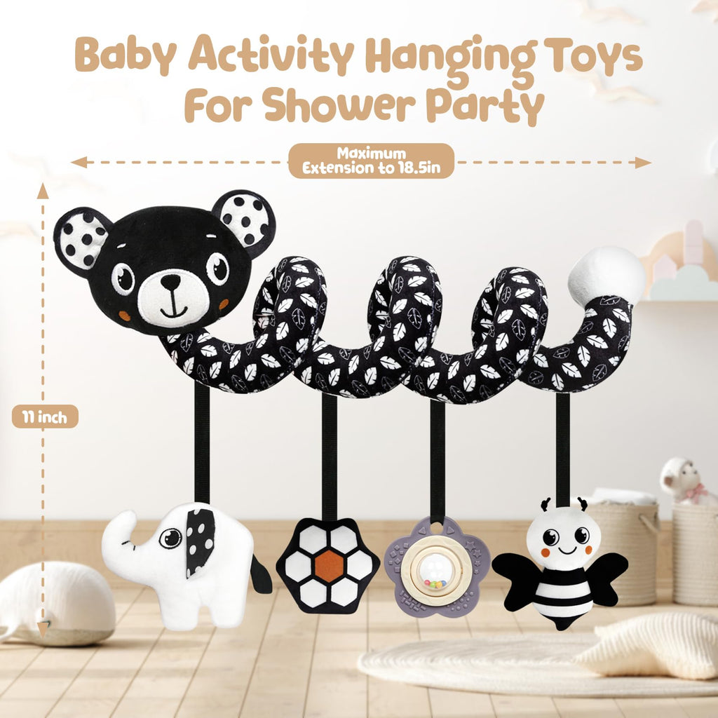 TSYAN Black and White Bear Spiral Car Seat Toy for Newborns 0-6 Months with Bell and Squeaker