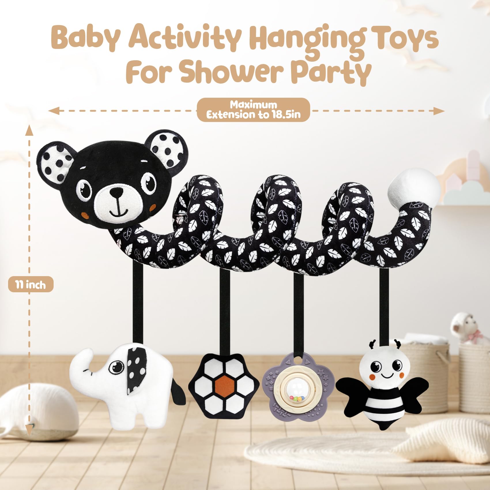 TSYAN Black and White Bear Spiral Car Seat Toy for Newborns 0-6 Months with Bell and Squeaker