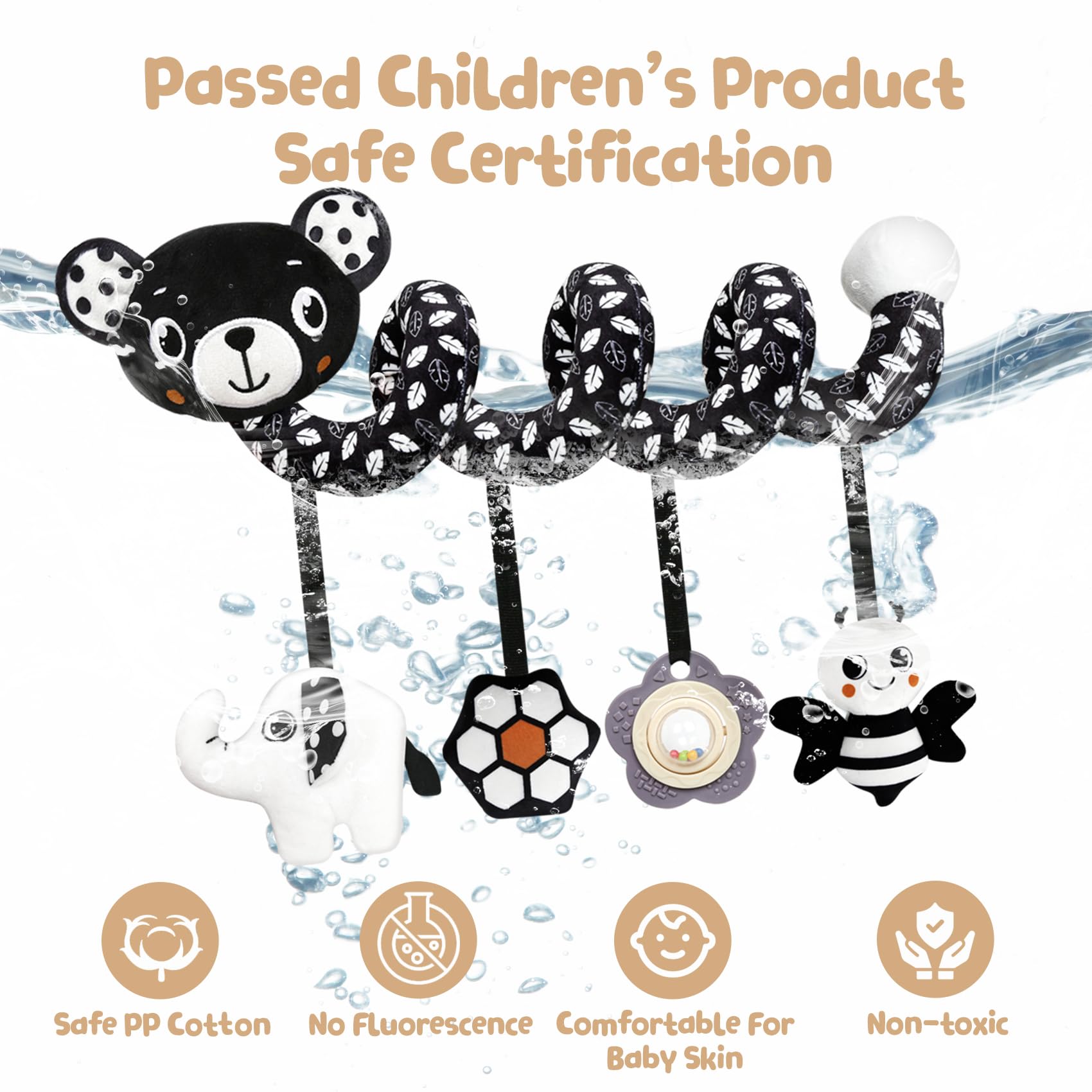 TSYAN Black and White Bear Spiral Car Seat Toy for Newborns 0-6 Months with Bell and Squeaker