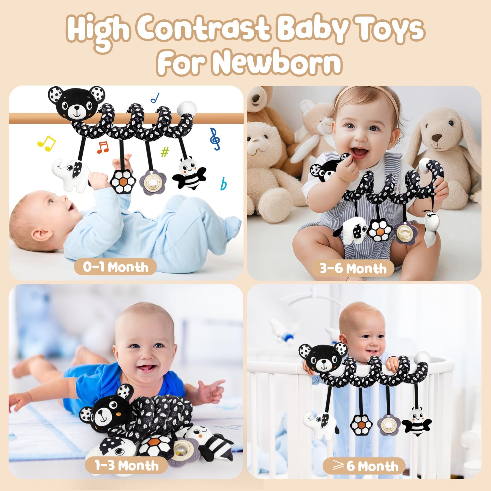 TSYAN Black and White Bear Spiral Car Seat Toy for Newborns 0-6 Months with Bell and Squeaker