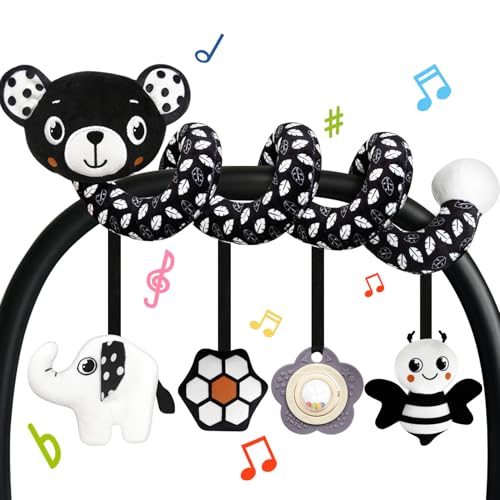 TSYAN Black and White Bear Spiral Car Seat Toy for Newborns 0-6 Months with Bell and Squeaker