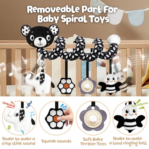 TSYAN Black and White Bear Spiral Car Seat Toy for Newborns 0-6 Months with Bell and Squeaker