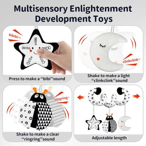 TSYAN Black and White Bug Car Seat Toy with Bell and Squeaker for Newborns 0-12 Months