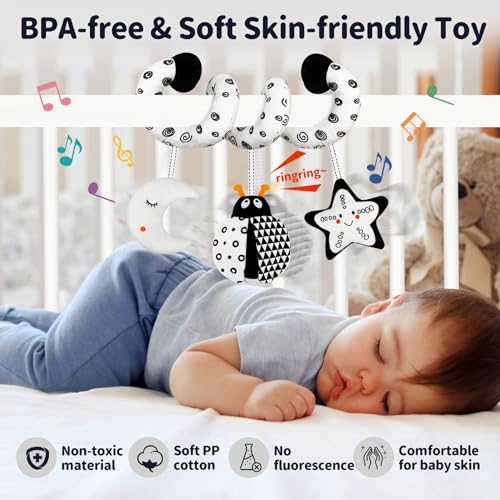TSYAN Black and White Bug Car Seat Toy with Bell and Squeaker for Newborns 0-12 Months