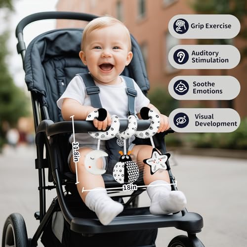 TSYAN Black and White Bug Car Seat Toy with Bell and Squeaker for Newborns 0-12 Months