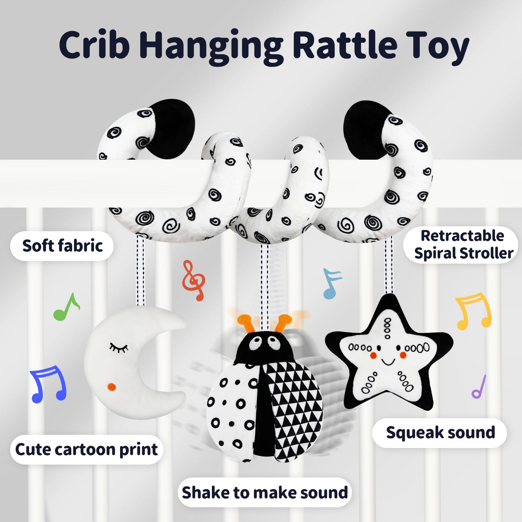 TSYAN Black and White Bug Car Seat Toy with Bell and Squeaker for Newborns 0-12 Months