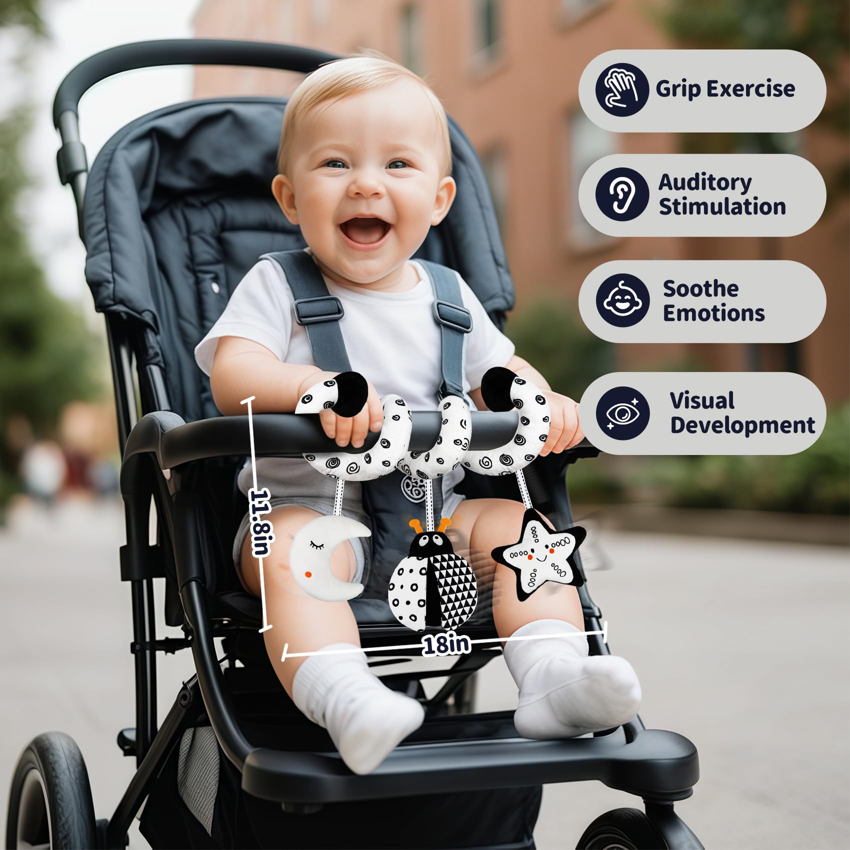 TSYAN Black and White Bug Car Seat Toy with Bell and Squeaker for Newborns 0-12 Months
