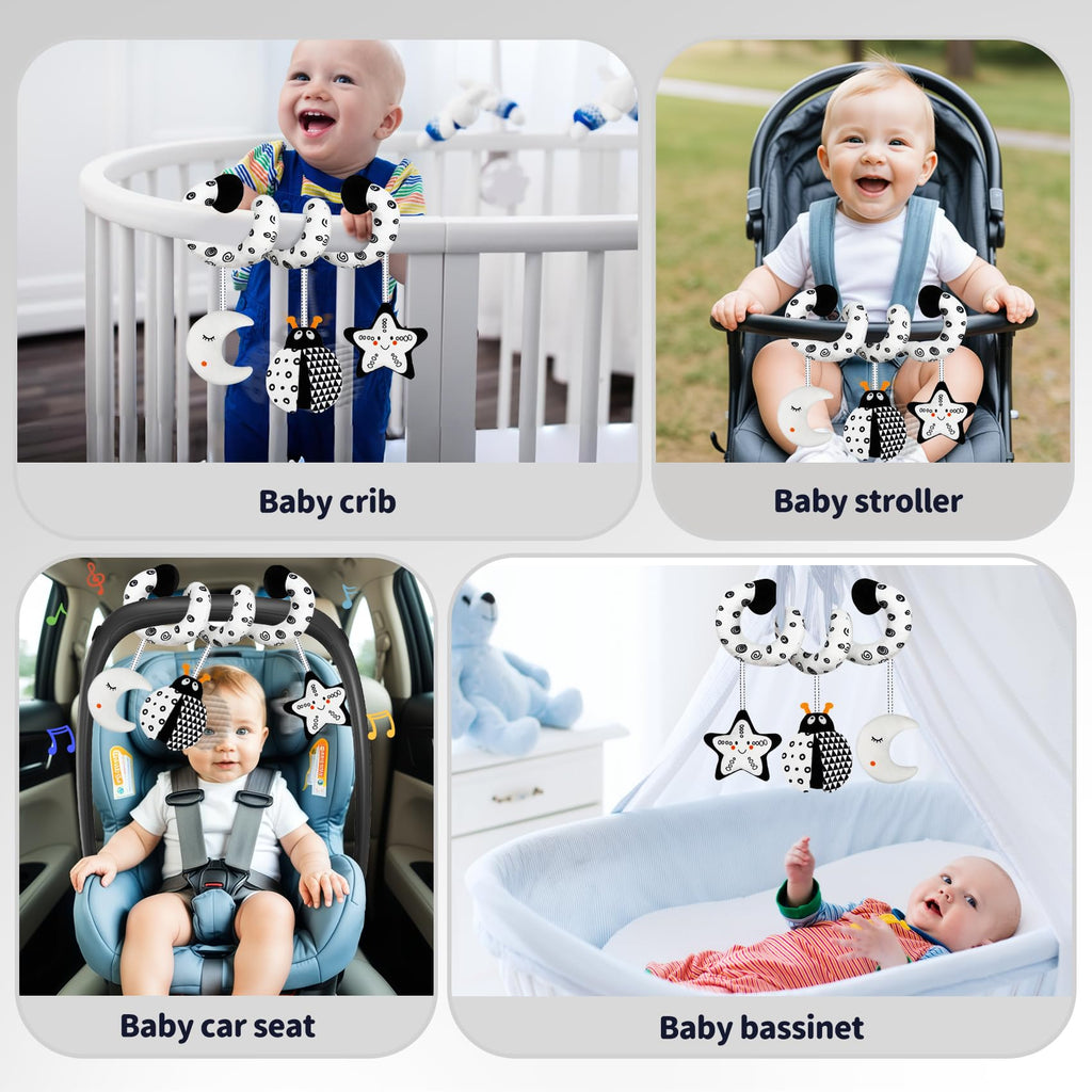 TSYAN Black and White Bug Car Seat Toy with Bell and Squeaker for Newborns 0-12 Months