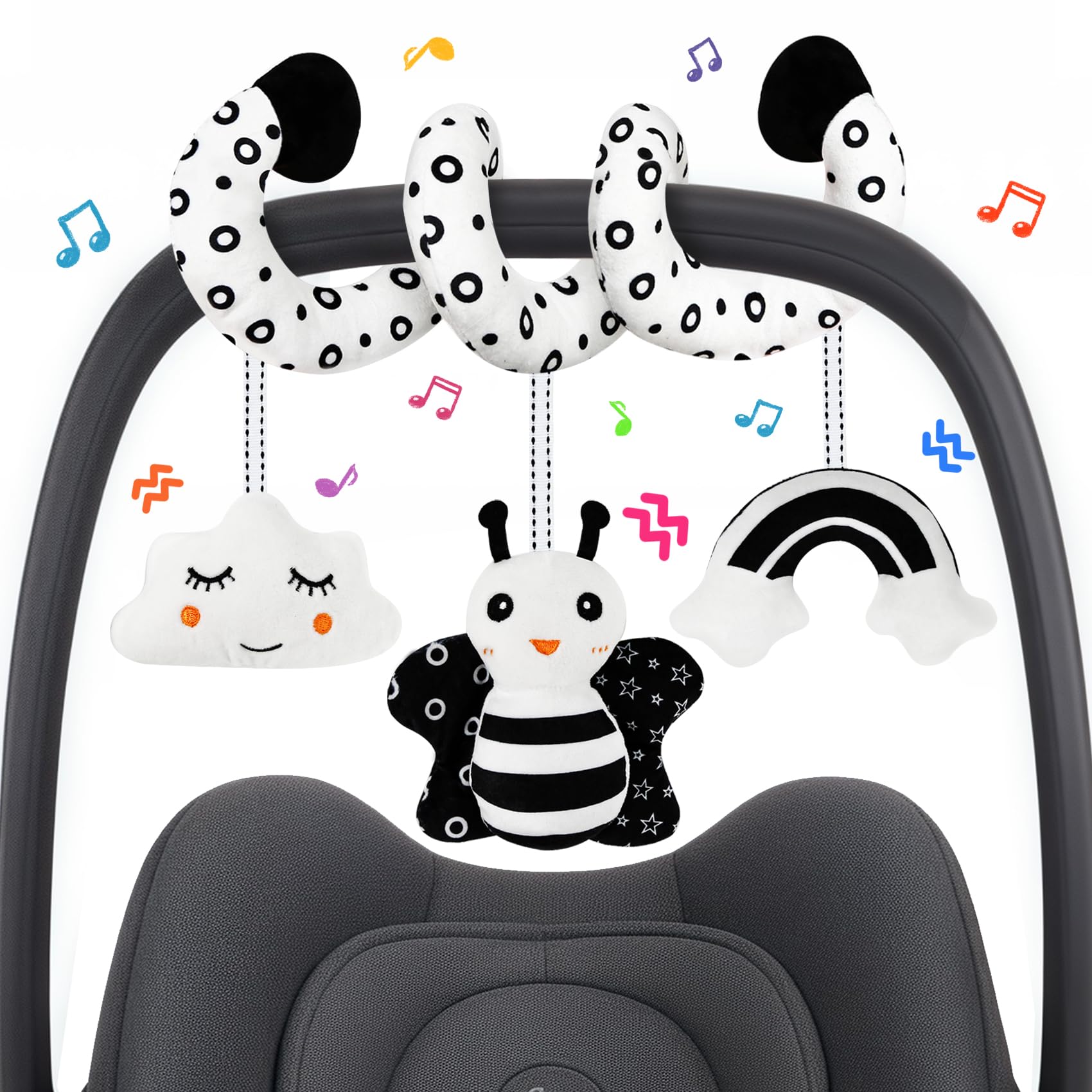 TSYAN Black & White High Contrast Car Seat Toy for Newborns 0-6 Months – Spiral Plush with Bell & Squeaker