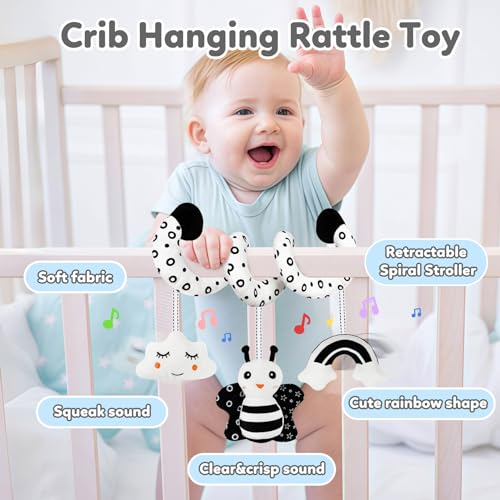 TSYAN Black & White High Contrast Car Seat Toy for Newborns 0-6 Months – Spiral Plush with Bell & Squeaker