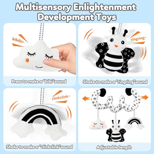 TSYAN Black & White High Contrast Car Seat Toy for Newborns 0-6 Months – Spiral Plush with Bell & Squeaker