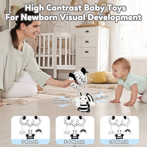 TSYAN Black & White High Contrast Car Seat Toy for Newborns 0-6 Months – Spiral Plush with Bell & Squeaker