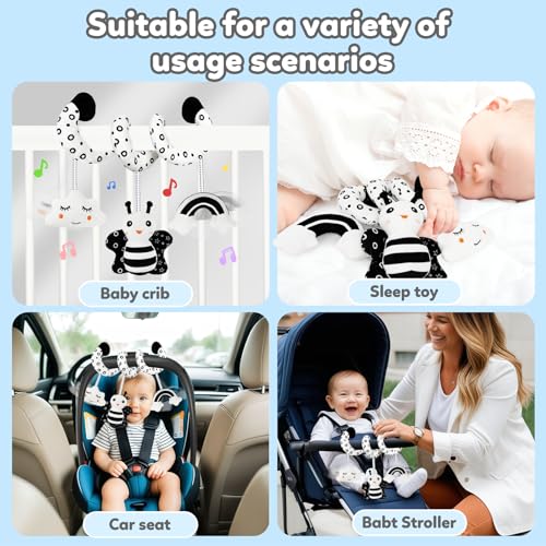 TSYAN Black & White High Contrast Car Seat Toy for Newborns 0-6 Months – Spiral Plush with Bell & Squeaker