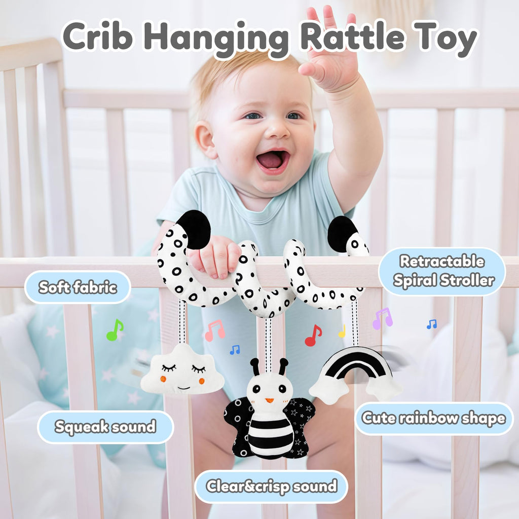 TSYAN Black & White High Contrast Car Seat Toy for Newborns 0-6 Months – Spiral Plush with Bell & Squeaker