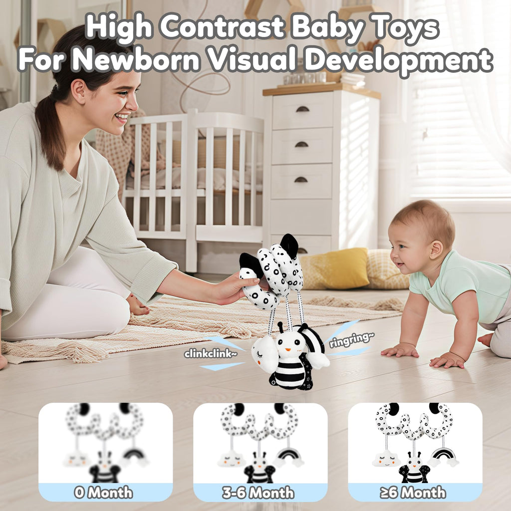 TSYAN Black & White High Contrast Car Seat Toy for Newborns 0-6 Months – Spiral Plush with Bell & Squeaker