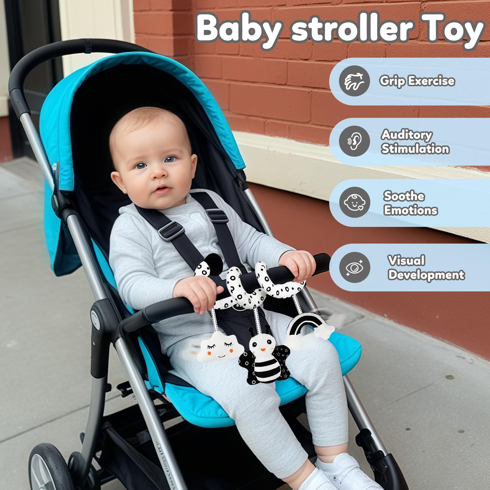TSYAN Black & White High Contrast Car Seat Toy for Newborns 0-6 Months – Spiral Plush with Bell & Squeaker