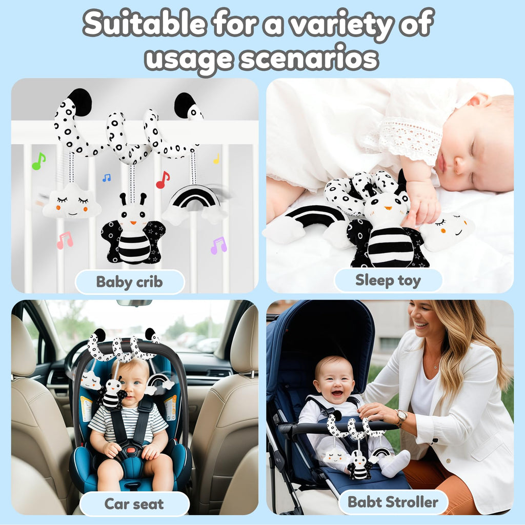 TSYAN Black & White High Contrast Car Seat Toy for Newborns 0-6 Months – Spiral Plush with Bell & Squeaker