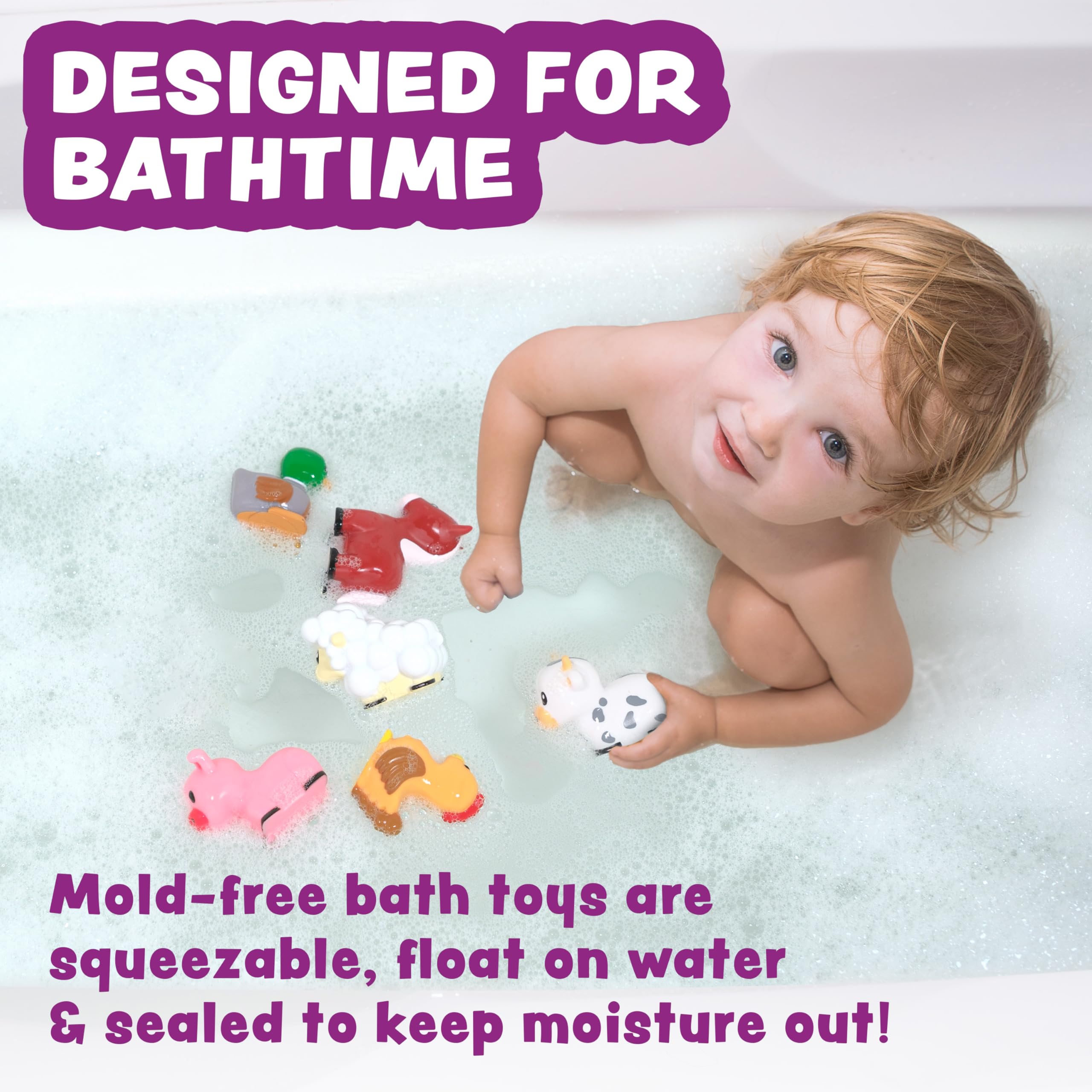 Tub Works Barnyard Mold Free Bath Toys 6-Pack – Sealed No-Hole Farm Animals for Toddlers