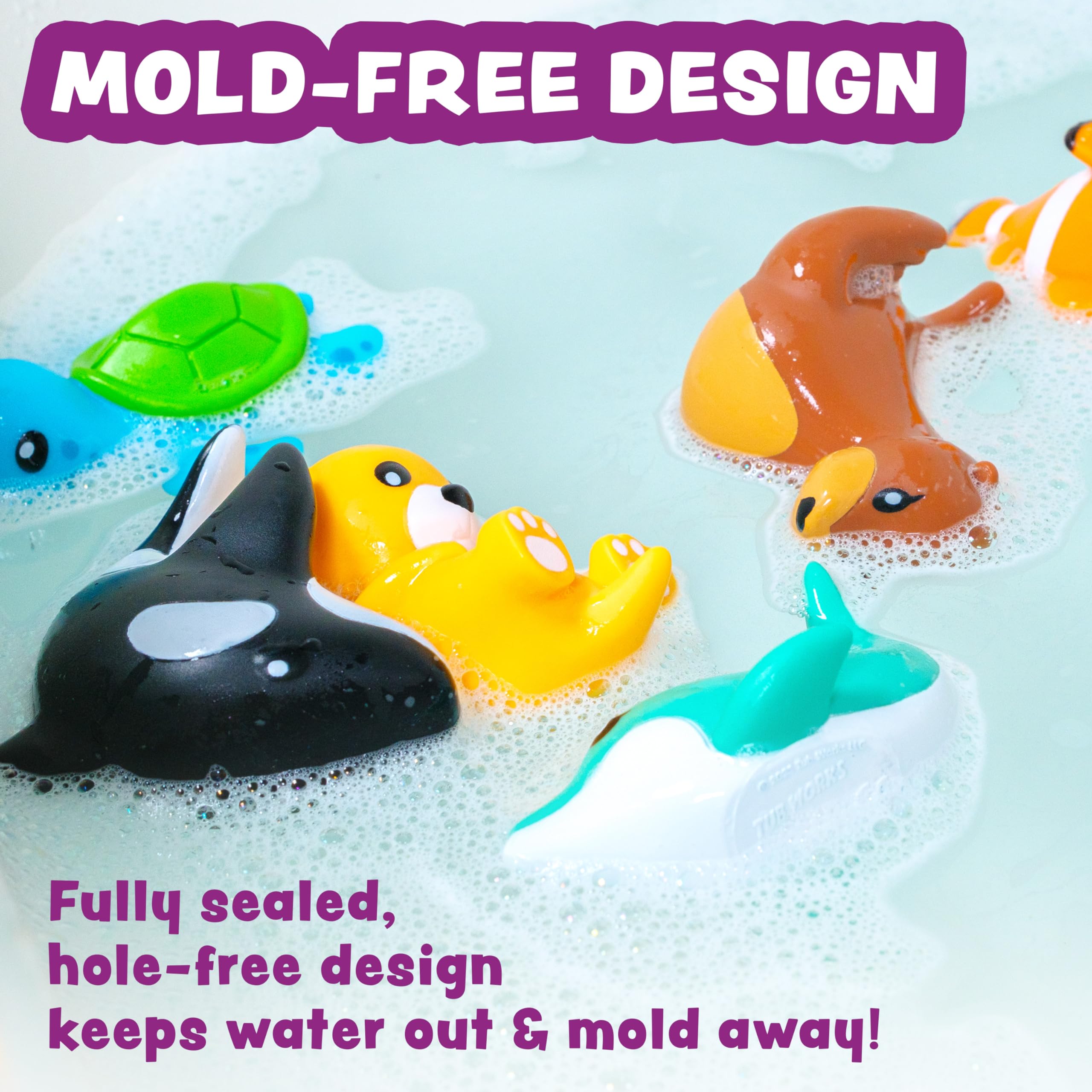 Tub Works Marine Mold-Free Bath Toys 6-Pack – Sealed No-Hole Design for Baby & Toddler Bath Fun
