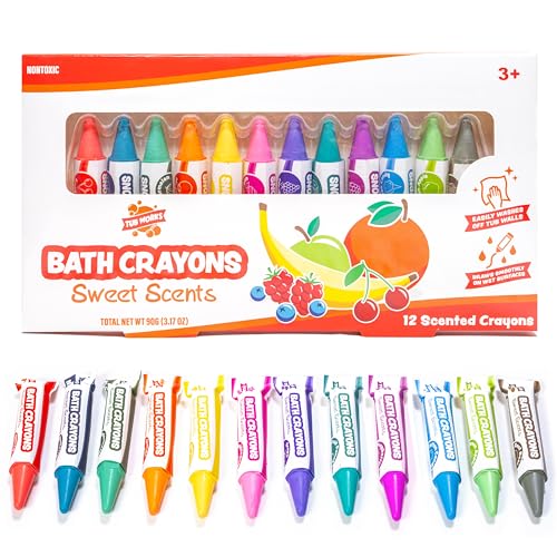 Tub Works Sweet Scents Smooth Bath Crayons – 12 Nontoxic, Washable Crayons for Toddlers, Float in Water, Draw on Wet Tub Walls