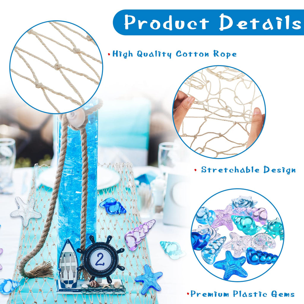 Tudomro Mermaid Table Runner and Gem Set – 38x67 Inch Fishing Net with Shell and Starfish Gems for Beach Party Decor