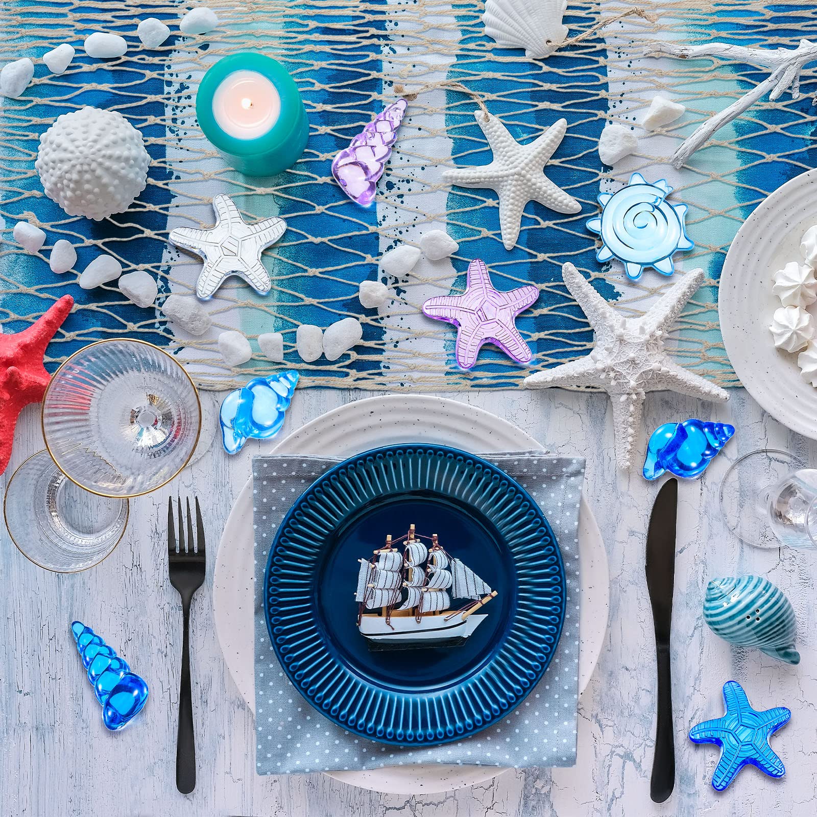 Tudomro Mermaid Table Runner and Gem Set – 38x67 Inch Fishing Net with Shell and Starfish Gems for Beach Party Decor