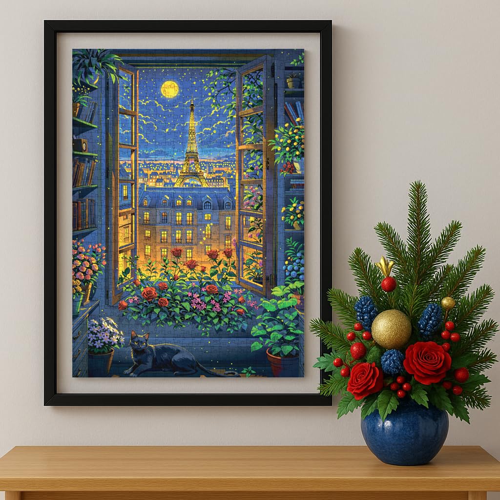 TUMBAUMBA 1000-Piece Cat in Paris Jigsaw Puzzle – Matte Finish with Poster