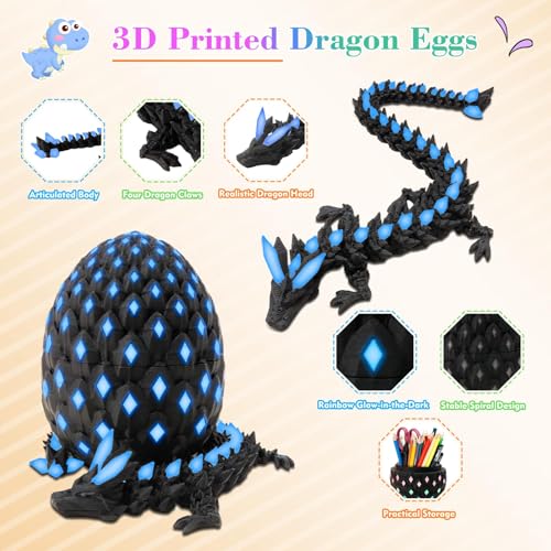 Tungole Glow-in-the-Dark 3D Dragon Egg – UV Reactive, Poseable, with Matching Egg – Toy for Kids