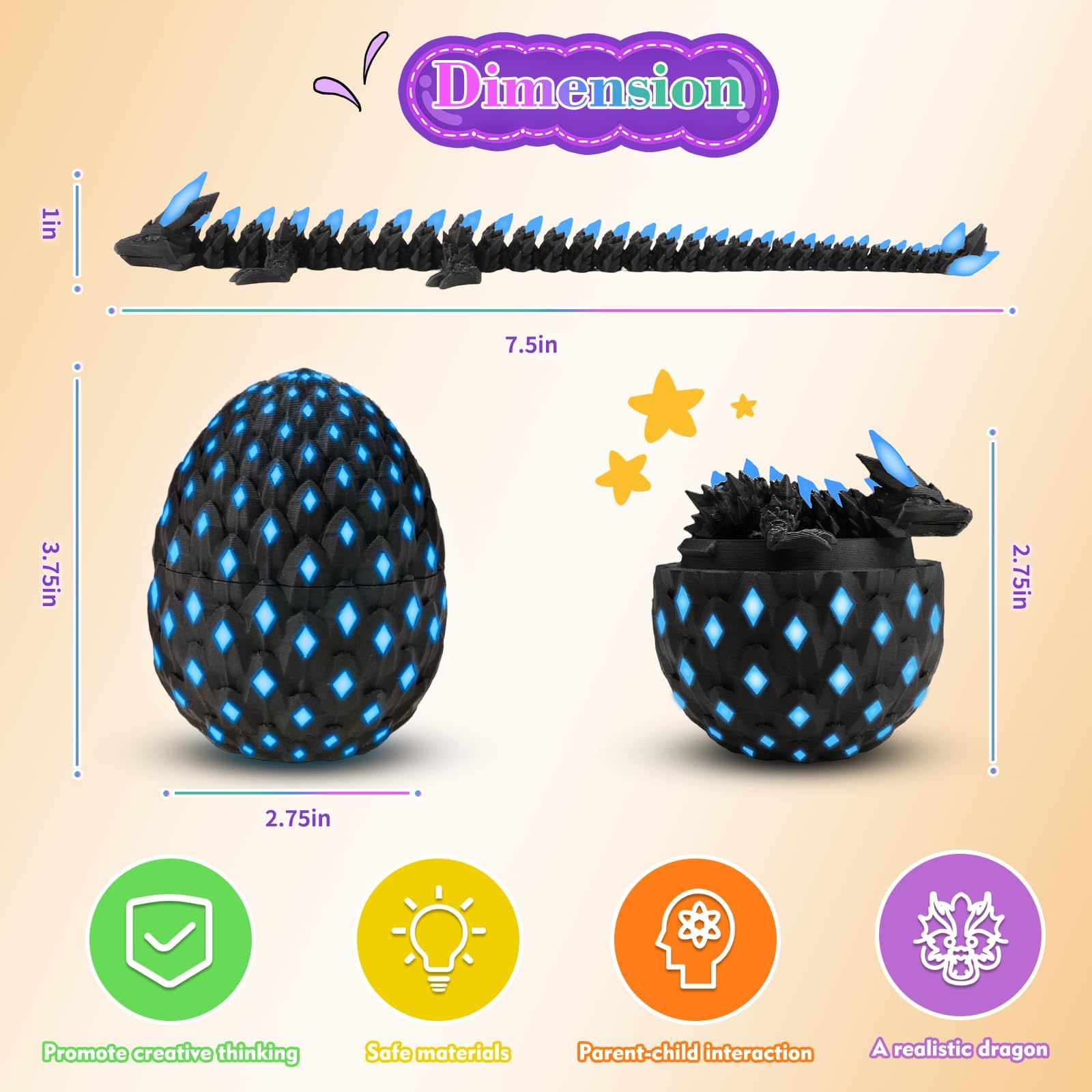 Tungole Glow-in-the-Dark 3D Dragon Egg – UV Reactive, Poseable, with Matching Egg – Toy for Kids