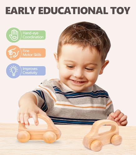 TUOWITA Wooden Baby Car Toys - 2 Pack Natural Wood Cars for Toddlers 1-3 Years, Montessori Push Toy for Babies 6-12 Months