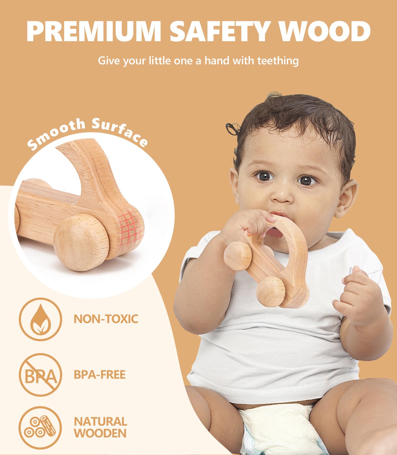 TUOWITA Wooden Baby Car Toys - 2 Pack Natural Wood Cars for Toddlers 1-3 Years, Montessori Push Toy for Babies 6-12 Months
