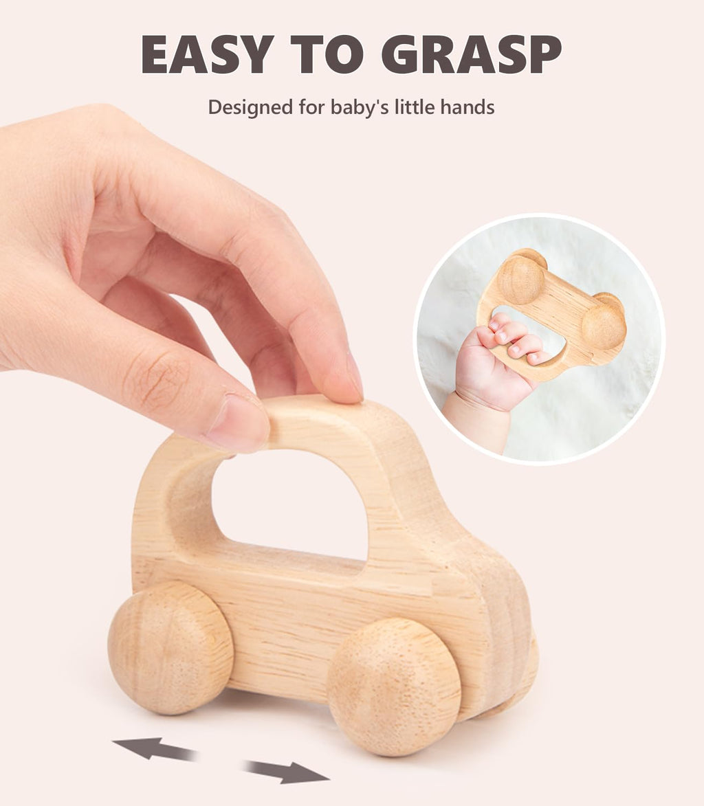 TUOWITA Wooden Baby Car Toys - 2 Pack Natural Wood Cars for Toddlers 1-3 Years, Montessori Push Toy for Babies 6-12 Months