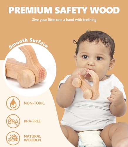TUOWITA Wooden Baby Car Toys - 2 Pack Natural Wood Cars for Toddlers 1-3 Years, Montessori Push Toy for Babies 6-12 Months