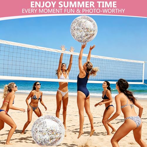 TURNMEON 5-Pack Glitter Sequins Beach Balls – 16 & 24 Inch Clear Inflatable Pool Toys for Kids & Adults
