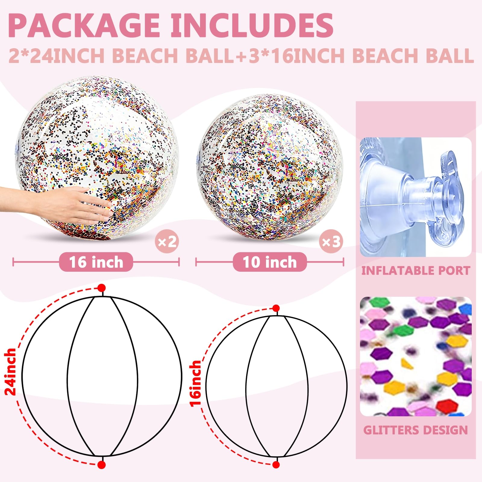 TURNMEON 5-Pack Glitter Sequins Beach Balls – 16 & 24 Inch Clear Inflatable Pool Toys for Kids & Adults