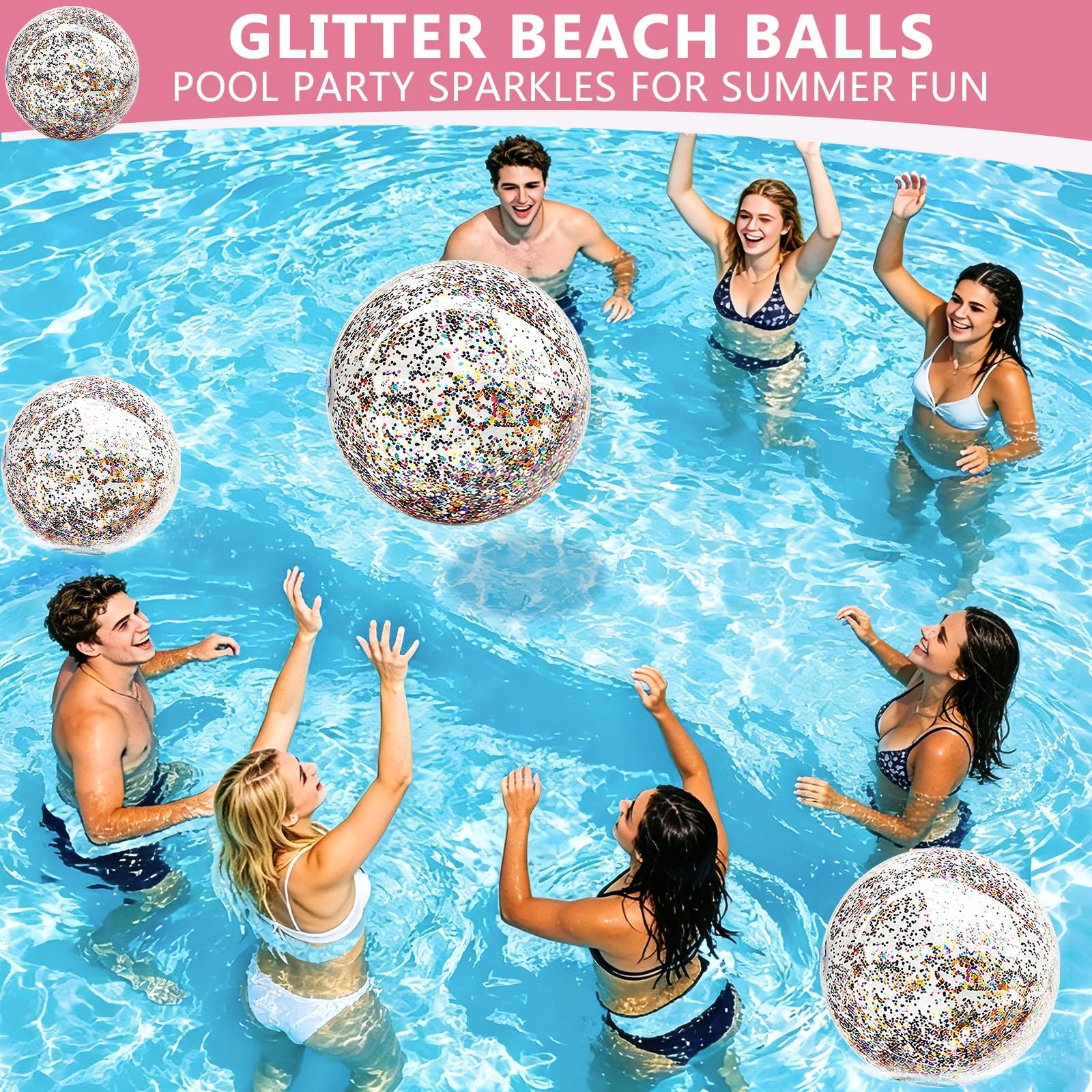 TURNMEON 5-Pack Glitter Sequins Beach Balls – 16 & 24 Inch Clear Inflatable Pool Toys for Kids & Adults