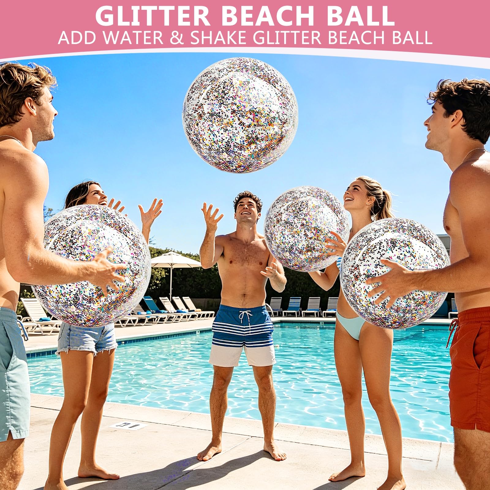 TURNMEON 5-Pack Glitter Sequins Beach Balls – 16 & 24 Inch Clear Inflatable Pool Toys for Kids & Adults
