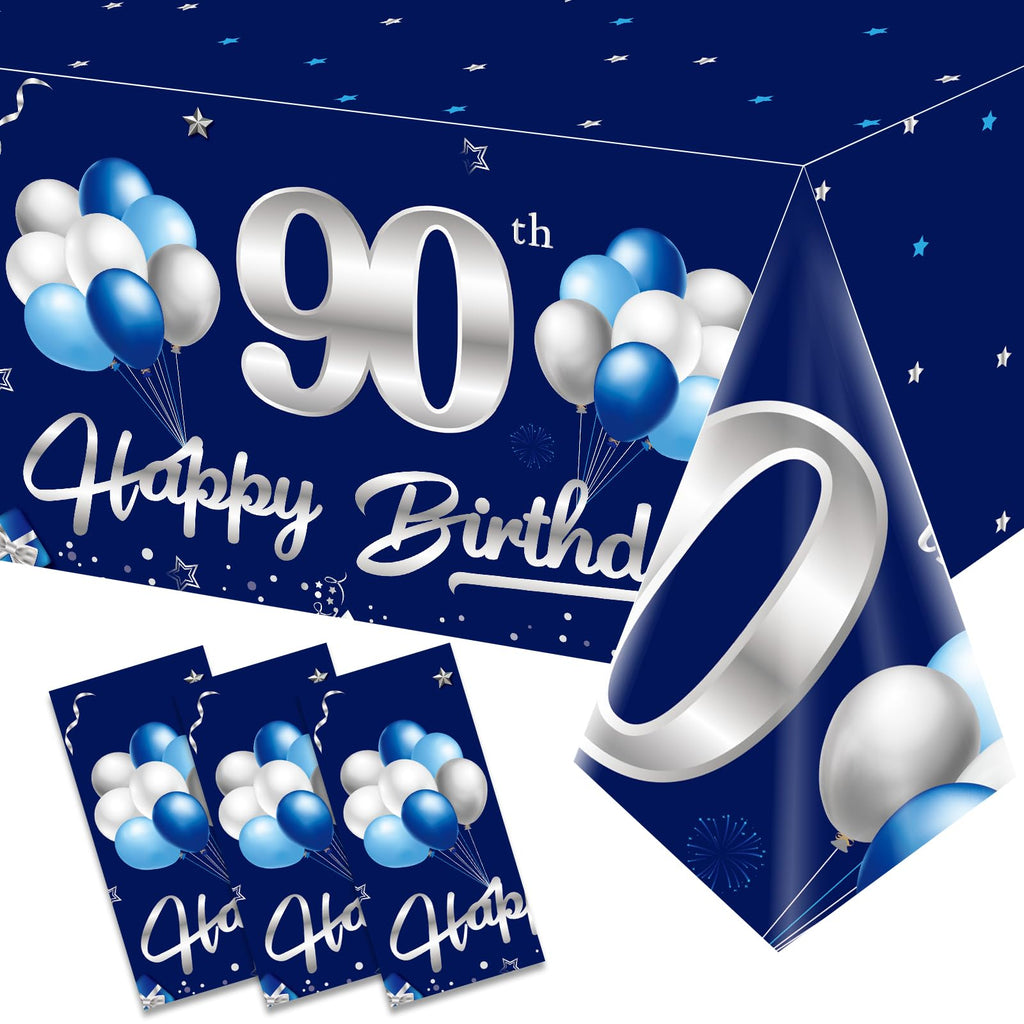 Turypaty 3-Pack Blue Silver 90th Birthday Tablecloth for Men - 108x54 Inch Rectangular Disposable Party Table Cover