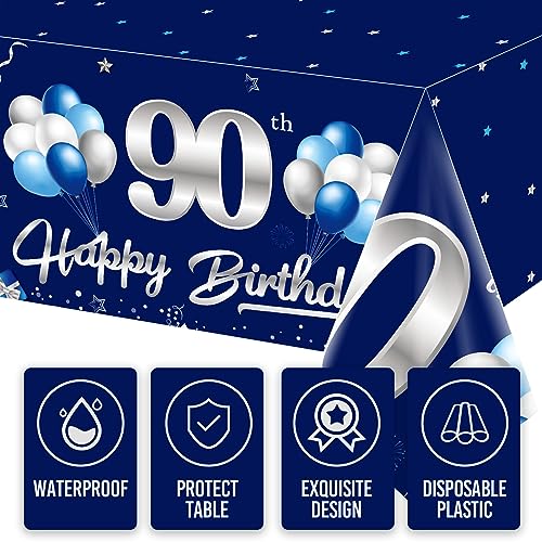 Turypaty 3-Pack Blue Silver 90th Birthday Tablecloth for Men - 108x54 Inch Rectangular Disposable Party Table Cover