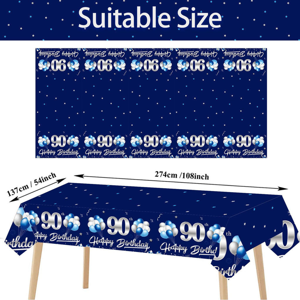 Turypaty 3-Pack Blue Silver 90th Birthday Tablecloth for Men - 108x54 Inch Rectangular Disposable Party Table Cover