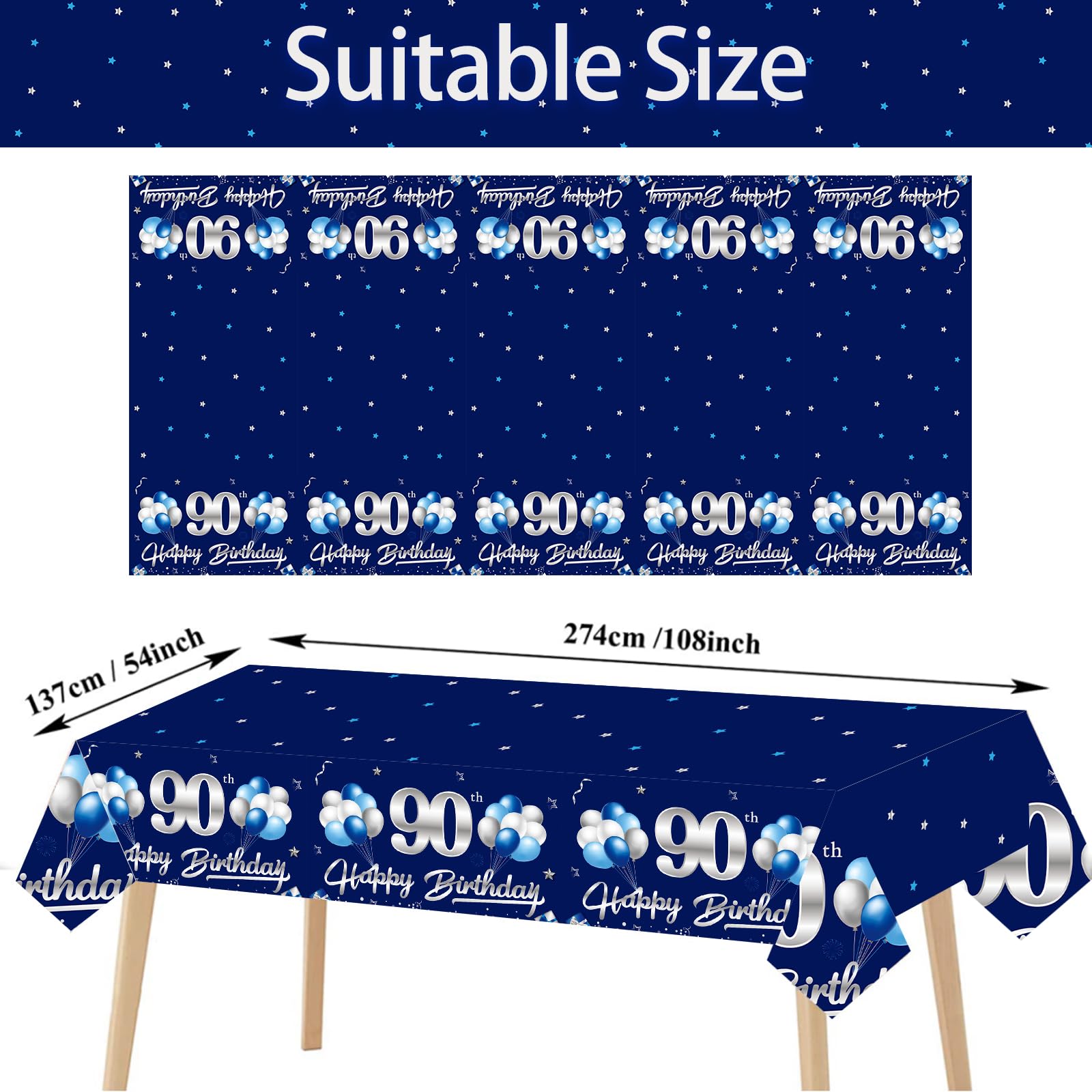 Turypaty 3-Pack Blue Silver 90th Birthday Tablecloth for Men - 108x54 Inch Rectangular Disposable Party Table Cover