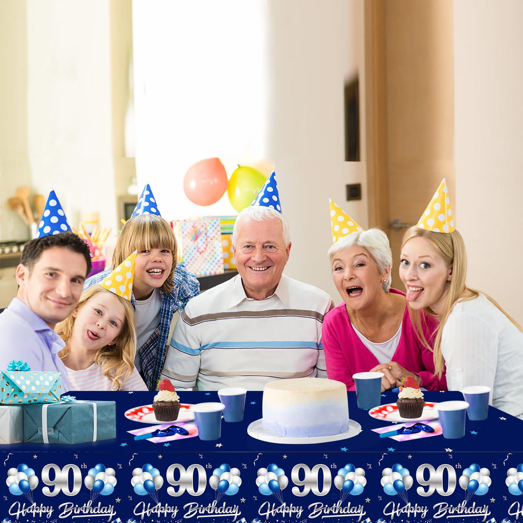 Turypaty 3-Pack Blue Silver 90th Birthday Tablecloth for Men - 108x54 Inch Rectangular Disposable Party Table Cover