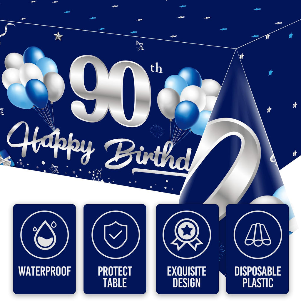 Turypaty 3-Pack Blue Silver 90th Birthday Tablecloth for Men - 108x54 Inch Rectangular Disposable Party Table Cover
