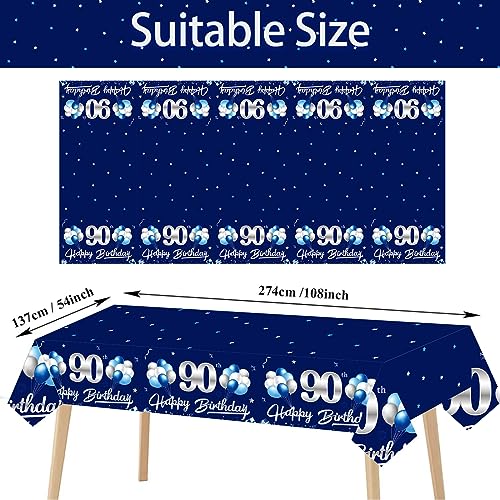 Turypaty 3-Pack Blue Silver 90th Birthday Tablecloth for Men - 108x54 Inch Rectangular Disposable Party Table Cover